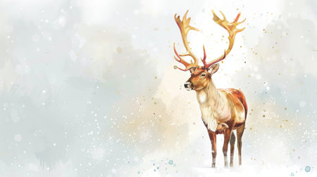 Watercolor illustration of a deer with antlers in a snowy background. Concept of wildlife, nature, winter, animal art. Copy space.の写真素材