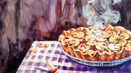 Watercolor art of a freshly baked pie on a red-checkered tablecloth. Concept of homemade dessert, bakery, food illustration, culinary art.の写真素材