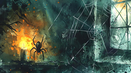 Watercolor art of an old stone window with a lit candle and spider web. Concept of Halloween, spooky, haunted, dark atmosphere.の写真素材