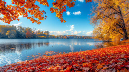 Colorful autumn landscape with vibrant foliage and reflective lake. Concept of fall season, nature,...