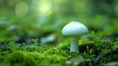 Close-up of a white mushroom in a lush green forest. Concept of nature, fungi, wildlife, ecosystem....