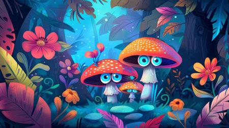 Whimsical cartoon mushrooms in a vibrant fantasy forest. Concept of magic mushrooms, nature,...