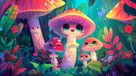 Whimsical cartoon mushrooms in a vibrant fantasy forest. Concept of magic mushrooms, nature, enchanted woods, playful scenery.の写真素材