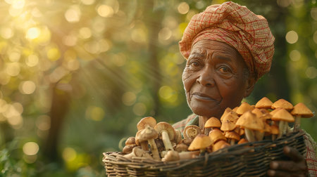 African American elderly woman holding a basket of mushrooms in a forest. Concept of senior, nature,...