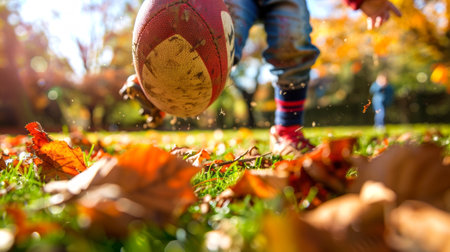 Child wearing casual clothes playing football outdoors on a sunny autumn day. Concept of kid...