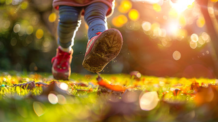 Young child in striped leggings and red shoes walking on grass with autumn leaves and warm sunlight....