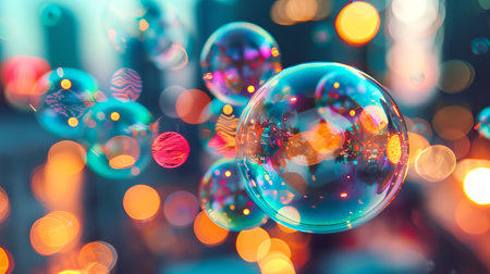 Close-up of colorful soap bubbles floating in a cityscape. Concept of whimsical scenes, urban environment, childhood joy, and playful moments.の写真素材
