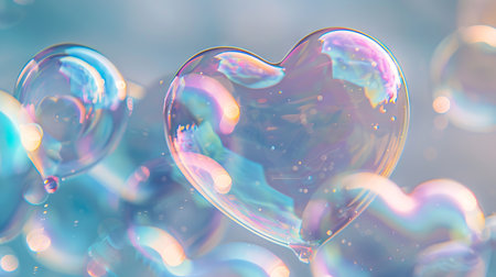 Heart-shaped transparent soap bubbles floating on a pastel blue and pink background. Concept of...