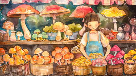 Watercolor illustration of a child selling mushrooms at a market stand. Concept of mushroom vendor,...