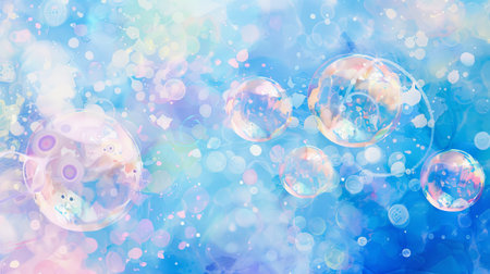 Vibrant digital illustration of colorful soap bubbles on an abstract watercolors background. Concept...