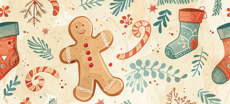 Holiday Theme Illustration with Gingerbread Man, Christmas Stockings, and Festive Decor. Concept of Seasonal Celebration, Festivity, Winter Holidays. Abstract background. Copy space. Banner.の写真素材