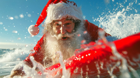 Santa Claus surfing on ocean waves, Concept of holiday celebration, sports, festive season, fun.