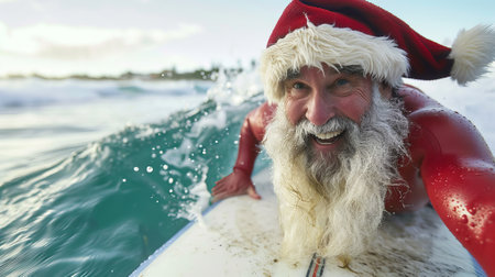Santa Claus surfing on ocean waves, Concept of holiday celebration, sports, festive season, funny....