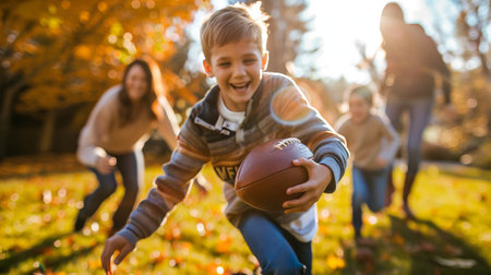 Caucasian family enjoying football game in backyard. Concept of family activity, outdoor sports, leisure time.の写真素材
