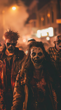Group of people in detailed zombie costumes walking at night during Halloween. Concept of Halloween,...