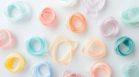 Pastel colored ribbons artfully arranged on light background. Concept of crafting, decoration,...