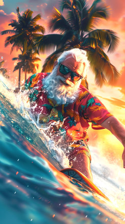 Santa Claus surfing in tropical ocean at sunset, Concept of holiday celebration, active lifestyle,...