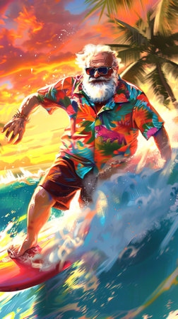 Santa Claus surfing in tropical ocean at sunset, Concept of holiday celebration, active lifestyle,...
