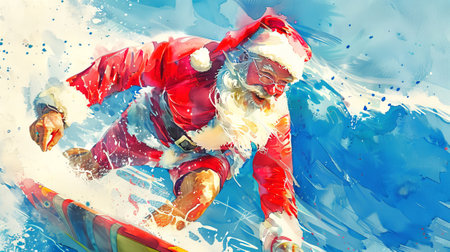 Santa Claus surfing on a wave, vibrant watercolor art. Concept of holiday fun, unique Christmas celebration, water sports. Watercolor art. Christmas in tropics.の写真素材