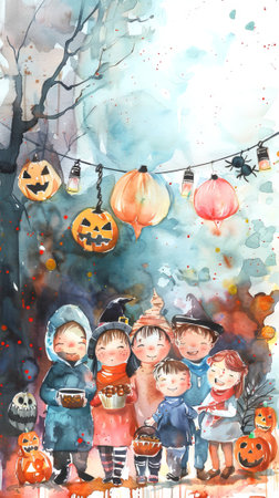 Watercolor illustration of children in Halloween costumes with pumpkins and lanterns. Concept of festive celebration, child trick-or-treating, holiday spirit. Vertical.の写真素材