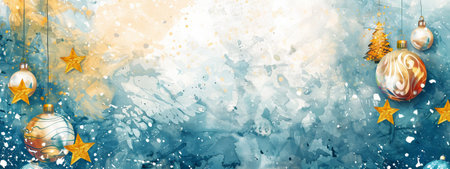 Watercolor winter scene with blue Christmas ornament, festive stars, and abstract floral designs. Concepts of holiday decoration, seasonal artwork. Creative celebration abstract background. Copy space. Banner.の写真素材
