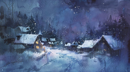 Oil painting of a snowy village at night. Concept of winter landscape, village life, holiday season. Abstract winter background.の写真素材