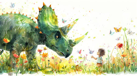 Watercolor painting of a blue triceratops in a colorful floral field. Concept of prehistoric animal, artistic illustration, nature, dinosaur, and creativity. Copy space.の写真素材