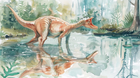Watercolor painting of Dilophosaurus dinosaur by a lake in a forest landscape. Concept of...
