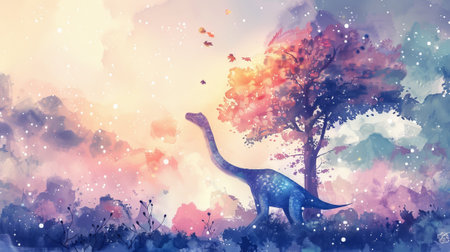 Watercolor illustration of a Brachiosaurus among vibrant trees and birds. Concept of prehistoric...