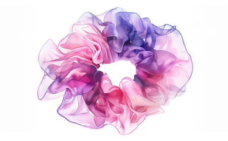 Watercolor illustration of a pink and purple hair scrunchie on a white background. Concept of...