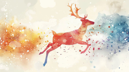 Colorful watercolor silhouette of a leaping reindeer surrounded by abstract splashes. Concept of wildlife, nature, artistic design, festive imagery.の写真素材