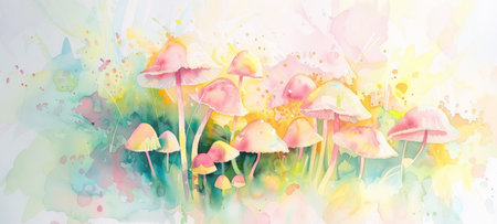 Watercolor Painting of Colorful Mushrooms in a Fantasy Forest Scene, Concept of Nature, Artwork,...
