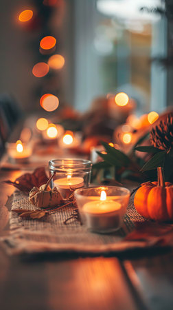 Cozy autumn table setting with candle light and small pumpkins. Concept of fall decoration,...