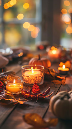 Autumn themed dinner table setup with candles, pumpkins, and falling leaves. Concept of seasonal decoration, festive dining, cozy atmosphere. Vertical.の写真素材