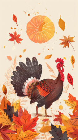 Autumnal illustration with vibrant turkey among falling leaves. Concept of fall season, Thanksgiving...