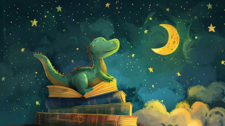 Illustration of a dinosaur on a pile of books under a starry night sky. Concept of reading, imagination in children, fantasy, and education.の写真素材