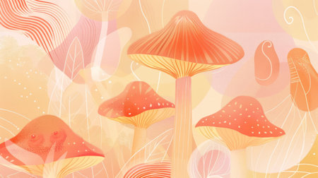 Vibrant Digital Illustration of Colorful Mushrooms on a Pastel Background. Concept of nature art,...