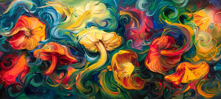 Abstract impressionist painting of colorful mushrooms with swirling patterns. Concept of nature,...