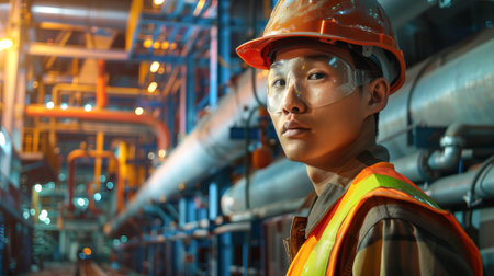 Asian male engineer in industrial setting. Concept of engineering, industry, safety, inspection,...