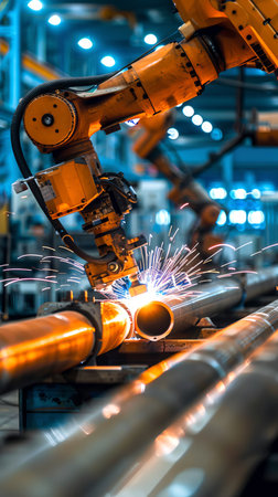 Industrial robotic arm welding metal in factory environment. Concept of manufacturing, automation,...
