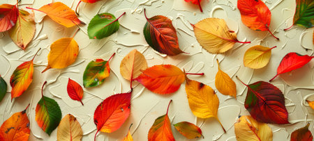 Vibrant autumn leaves scattered on a white background. Concept of fall, nature, seasonal change, art...