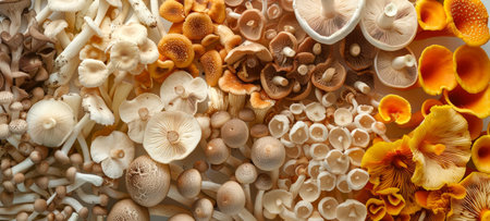 Assorted edible mushrooms spread out, highlighting diverse textures and colors. Concepts of organic...