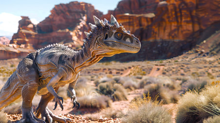 Dinosaur in desert setting, concept of prehistoric wildlife, paleontology, ancient landscapes.