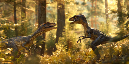 Realistic image of two Velociraptors in a sunlit forest. Concept of dinosaurs, prehistoric wildlife,...
