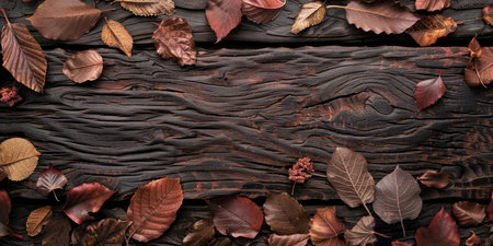 Vibrant autumn leaves scattered on a dark wooden textured background. Concept of fall season, nature textures, design elements. Copy space.の写真素材