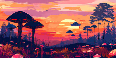 Vibrant sunset over a mystical forest with oversized mushrooms. Concept of fantasy landscape,...