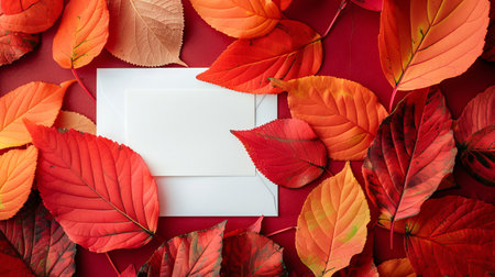 Blank white card on a bed of vibrant red autumn leaves. Concept of fall season, greeting card,...