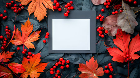 Blank white card surrounded by autumn leaves and berries on a blue background. Concept of fall...