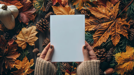 Woman holding blank white card surrounded by autumn leaves. Concept of greeting card, invitation,...