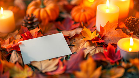 Blank card surrounded by autumn leaves and lit candles. Concept of fall season, greeting card...